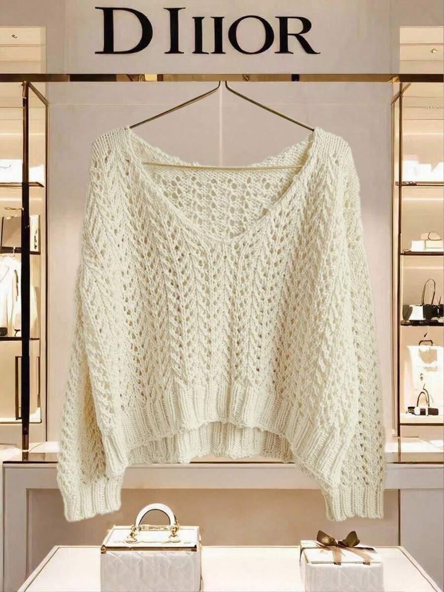 Franclia Women's Casual Daily Simple Solid V-Neck Dropped Shoulder Loose Open Knit Pullover Sweater, Autumn/Winter - Apricot - View 1