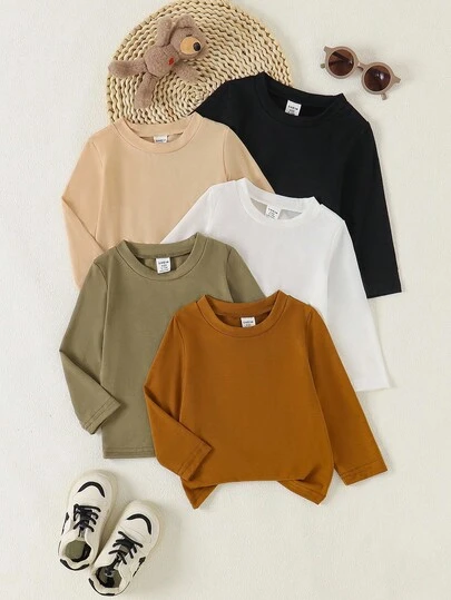 SHEIN Vintaside Kids 5pcs/Set Toddler Boys' Casual Solid Round Neck Long Sleeve T-Shirts, Comfortable Versatile Sporty Style For Daily Wear, Spring/Autumn Fall Winter