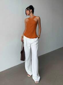 Elenzga Cross-Neck Minimalist Niche Design Casual Knit Top - Orange - View 6