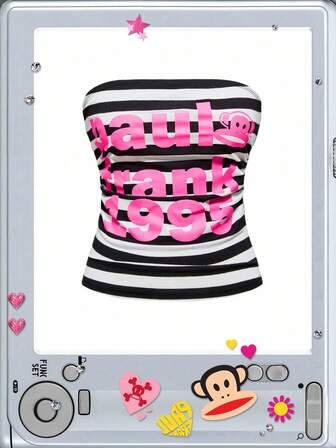 Paul Frank X ROMWE Top tubo con gráfico de letra vintage Y2K a rayas para mujer