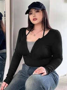 DAZY Áo thun tay dài cài nút phía trước cỡ lớn mùa hè - màu đen - Xem 3