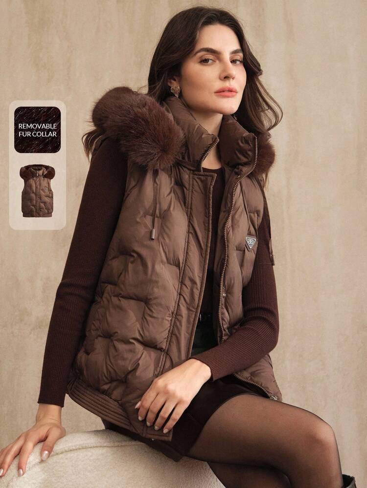 女性用キルティングノースリーブショートベスト、取り外し可能なファーカラー、ブラウン、秋冬用の多用途パデッドコート