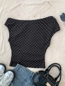 Teen Girls' Black Knit Casual Minimalist Polka Dot Print Asymmetric Ruched Cropped Top, Suitable For Spring/Summer, Casual, Personalized Styling, Daily Wear One Shoulder Crop Top Polka Dot Crop Top Black Crop Top Cute Tube Top Polka Dot Top Black Tube Top Cute Tube Tops Cute Crop Top - Black - View 2