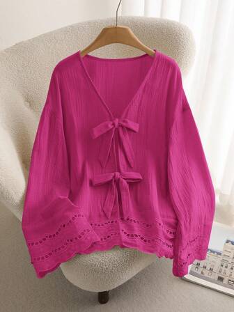 CosyJoli Plus Size Casual V-Neck Long Sleeve Shirt With Tie-Up, Floral Lace Patchwork Texture