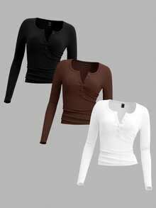 SHEIN EZwear 3 种颜色 - 黑色、棕色、白色加大码女士针织 T 恤，适合秋冬季 - 彩色 - 查看 1