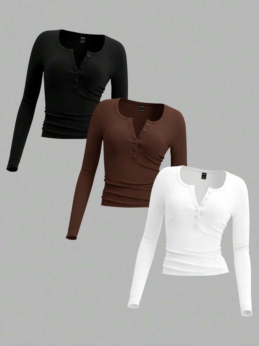 SHEIN EZwear 3 种颜色 - 黑色、棕色、白色加大码女士针织 T 恤,适合秋冬季 - 彩色 - 查看 1