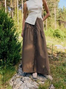 Nöista 棕色纽扣前开长裙，分层设计，高腰，适合秋季、休闲、波西米亚风、返校季 - 鏽棕色 - 查看 4