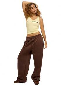 SUMWON WOMEN 图案阔腿慢跑裤舒适冬季家居服休闲街头宽松运动裤秋季日常舒适裤后背印有标志 - 咖啡棕 - 查看 6