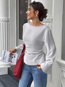 EMERY ROSE Áo sơ mi nữ cổ thuyền tay loe dài màu trơn nhún bèo thời trang đa năng - Màu Xám nhạt - Xem 3