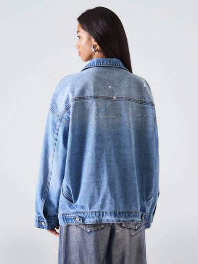 LYSMO 2025 秋冬新款极简主义女式时尚水钻星星牛仔外套，秋冬圣诞节/新年/感恩节时尚牛仔外套 Y2K