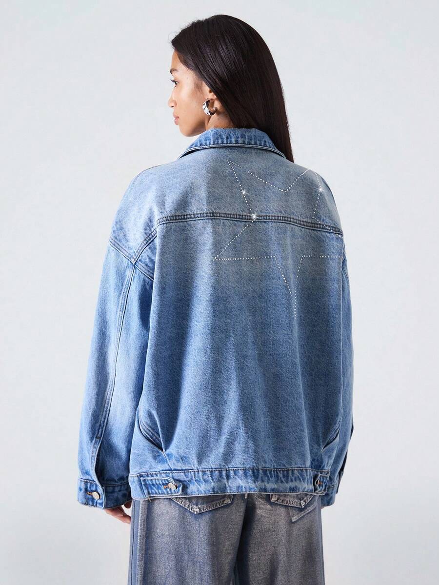 LYSMO 2025 秋冬新款极简主义女式时尚水钻星星牛仔外套，秋冬圣诞节/新年/感恩节时尚牛仔外套 Y2K - 淺色水洗藍 - 查看 1