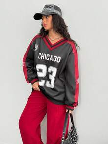 Teen Girls Colorblock Numeric Print Long Sleeve Knit Sweatshirt And Side Pocket Drawstring Cargo Pants 2-Piece Set, Casual Active Outfit - Multicolor - View 3