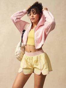 VARSIVA Women's Solid Color Casual Cropped Hooded Sporty Jacket Workout Sets Women Sport Sets Activewear Sets Women - Pink - View 5