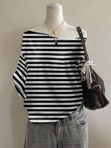Attitoon 黑色和灰色条纹休闲宽松超大落肩短袖 T 恤女士，适合外出，风格核心美学，美学风格，哥特式网络符号主义，网络符号主义，万圣节，Y2K，街头服饰，复古，垃圾摇滚，朋克，返校节 - 彩色 - 查看 6