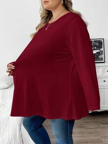 SHEIN CURVE+ Plus Size Women's Solid Color Round Neck Long Sleeve Casual Loose Fit T-Shirt - Burgundy - View 3