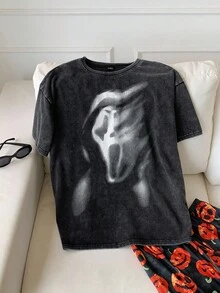 SHEIN EZwear 女士夏季黑色针织酸洗鬼脸印花T恤 - 黑色 - 查看 4