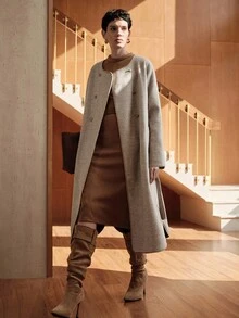 Uhlyne 金属扣环腰带圆领简约欧美风夹克，秋冬新款 - 淺灰色 - 查看 1