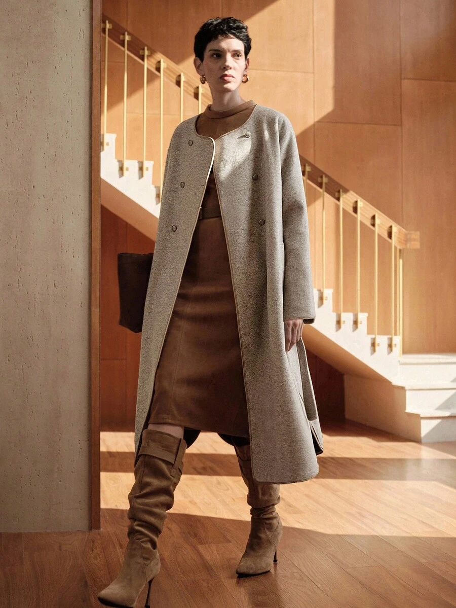 Uhlyne 金属扣环腰带圆领简约欧美风夹克，秋冬新款 - 淺灰色 - 查看 1