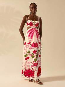 CAJUNI Váy maxi crop top không tay buộc eo họa tiết cây dừa và hoa nhiệt đới Boho dành cho nữ, váy đi nghỉ thường ngày - Đỏ - Xem 6