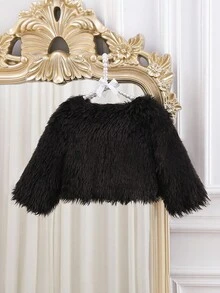 SHEIN Elladie kids 女宝宝简约纯色蓬松短外套，适合外出，秋冬 - 黑色 - 查看 2