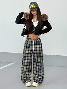 SHEIN PETITE Women's Plaid Drawstring Waist Straight Leg Pants, Autumn - Navy Blue - View 5