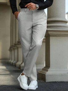 Manfinity Bizformal 男士条纹休闲工装斜口袋修身西装裤，男士裤子，男士西装裤，老钱风格 - 灰色 - 查看 5