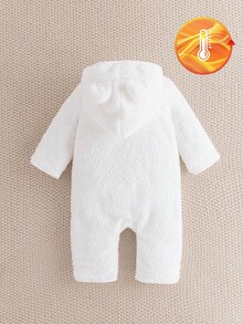 SHEIN 1pc Baby Girls Autumn/Winter Fashion Cute White Furry Hooded Long Sleeve Jumpsuit With Hat & Ear Decor, Suitable For Daily Photoshoot Fall - White - View 2