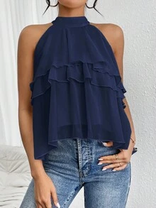 Firerie Neck Tie Loose Ruffled Asymmetrical Chiffon Blouse - Navy Blue - View 4
