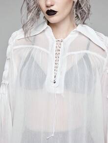 ROMWE EDITION 女式复古哥特式系带透明泡泡袖长袖衬衫 - 白色 - 查看 2