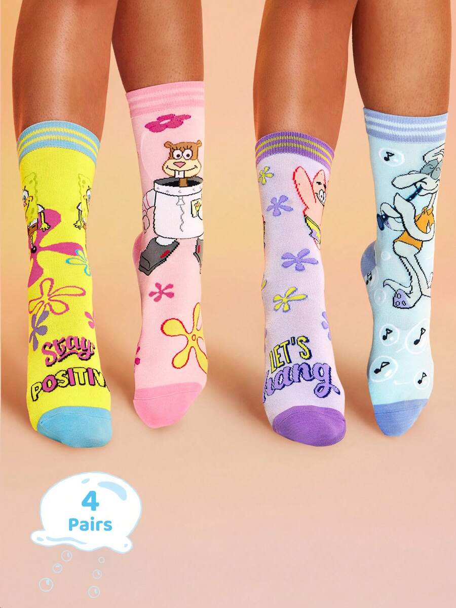 SpongeBob SquarePants | SHEIN 4 Pairs Cute Cartoon Women Soft & Breathable Moisture-Wicking Mid-Calf Socks Fashionable Casual Crew Socks Reinforced Toe & Heel Durability All Season All-Match Summer Winter, Patrick,Squidward,Sandy - Multicolor - View 1