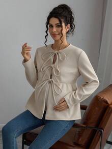 Momance Maternity Regular Jacket, Round Neck Long Sleeve, Front Tie Bow, A-Line Hem Woolen Coat