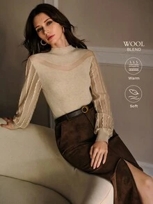 MOTF PREMIUM 对比色网眼修身毛衣 - 卡其色 - 查看 2