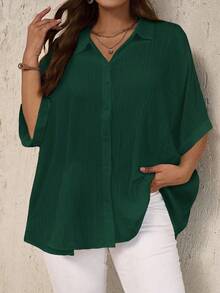 EMERY ROSE Plus Size Women's Solid Color Batwing Sleeve Single-Breasted Casual Loose Shirt - Dark Green - View 1