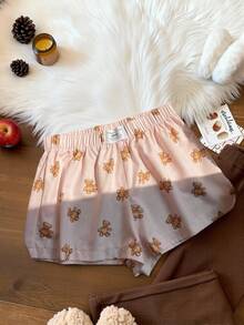 Comfortcana 女式常规休闲条纹卡通熊印花短裤 - 淺粉色 - 查看 6