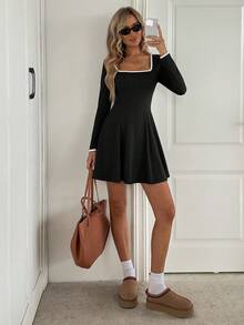 Easowa Square Neck Contrast Trim Long Sleeve Fitted Waist A-Line Flare Casual Relaxed Elegant Office Lady Vintage Mini Dress Black Mini Dress Long Sleeve Black Dress Black Dress Casual Black Dress Cute Black Dress Winter Dresses For Women Women's Winter Clothes