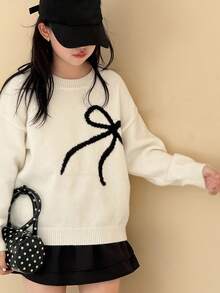 Dazy Kids Suéter de manga larga con cuello redondo y decoración de lazo para niñas, otoño - Beis - Ver 3