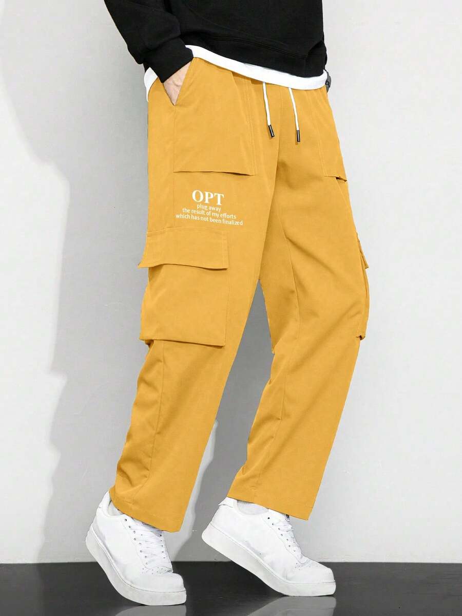 Claim Dot 男式标语图案翻盖口袋侧抽绳腰工装裤，秋季 - 黃色 - 查看 1