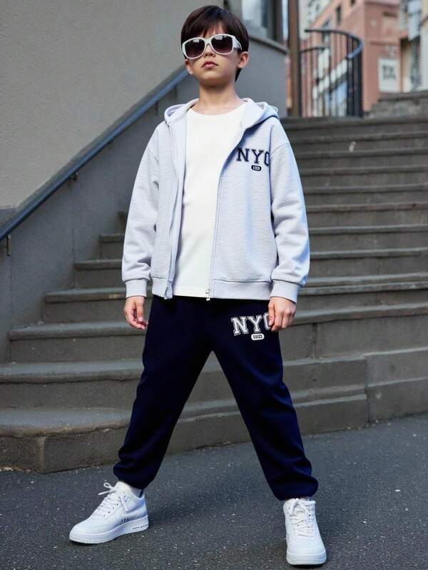 SHEIN 2 件青少年男孩休闲装 - 灰色连帽衫和黑色字母图案裤子，宽松版型，适合通勤、上学、日常休闲、旅行、运动、春夏秋冬，羊毛，加厚
