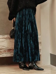 Dazy-Less 女士优雅丝绒半身裙，秋冬商务休闲女装 - 藍色 - 查看 3
