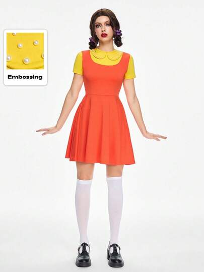 ROMWE Avant Halloween Cos Collar Studded Contrast Color Block Women Short Dress