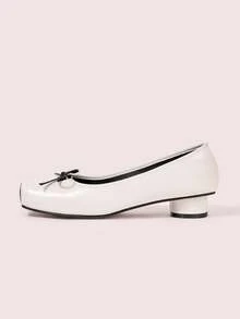 CUCCOO DOLLMOD Giày bệt đế thấp mũi vuông màu trắng dễ thương cổ điển cổ điển đi làm dự tiệc hẹn hò gót trụ thấp - trắng - Xem 7