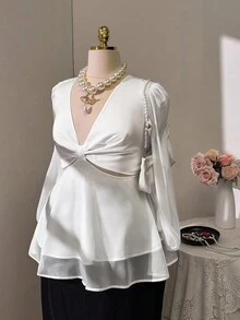 Flirla Plus Size V-Neck Exposed Waist Elegant Sweet Flowing Fashion Blouse - White - View 4