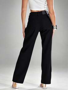 Denimoi Quần jean denim ống đứng cạp cao cắt đá hình trái tim - màu đen - Xem 3