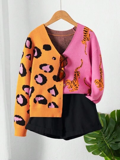 Sparklyn Girls Leopard Print Jacquard Knit Cardigan, Fashionable For Autumn/Winter Pink And Orange Cardigan Tiger Print Sweater Cheetah Print Cardigan Cropped Cardigan Animal Print Cardigan Tween Girls Sweater Tween Girls Fall Outfits Tween Girls Winter Clothes Kids Fall Clothes Girls Y2k Sweater Girl Cardigans Cute Cardigan Cute Tops Spring Tops For Teens