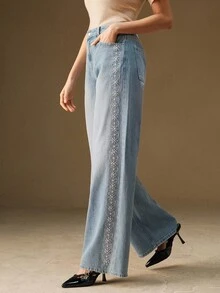 Anewsta Pantaloni a zampa larga con patchwork in pizzo lavato blu, adatti per autunno, inverno, uscite, eleganti, formali, feste, chic, Capodanno, abiti invernali da donna, Natale, lavoro, laurea, matrimonio, abbigliamento invernale da donna - Blu - Visualizzare 6
