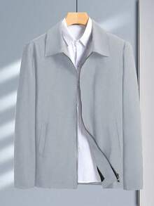 Manfinity Homme 男士休闲纯色拉链长袖夹克，秋季 - 淺灰色 - 查看 5