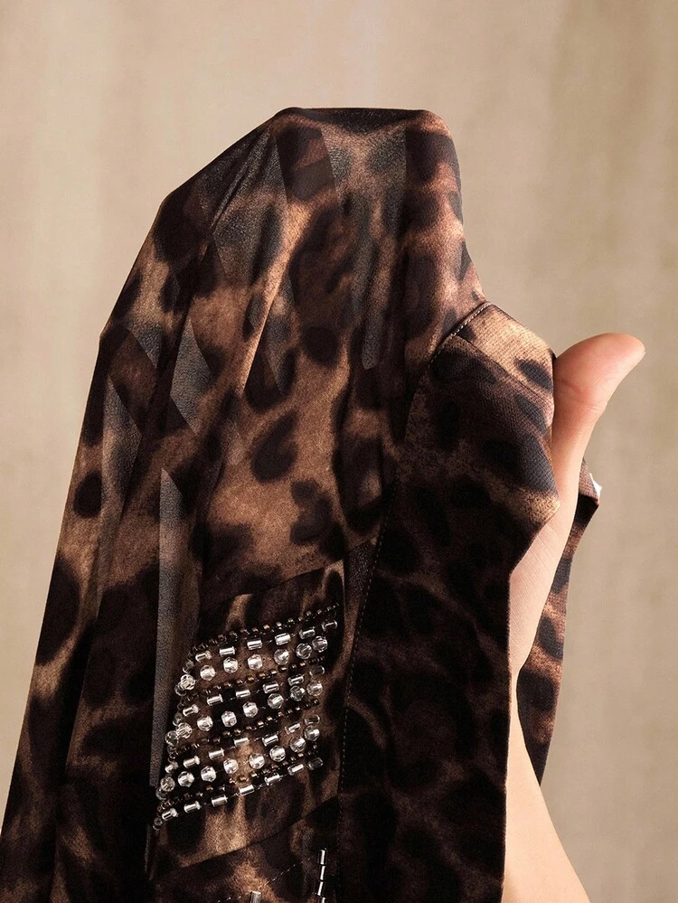 Autumn Urban Chic Sexy Leopard Print Long Sleeve Semi-Sheer Blouse With Bowknot Neck And Pearl Embroidery, Suitable For Fall, Winter, New Year, Elegant, Stylish
