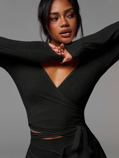 Athîral Bluză elegantă pentru femei, culoare solidă, încrucișată, cu umeri căzuți, mânecă lungă, ajustată, la modă, neagră