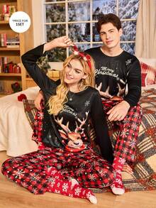CoupledUp 情侣款圣诞休闲长袖睡衣套装，鹿纹格子雪花图案，适合秋冬季穿着，圣诞睡衣套装，情侣款圣诞睡衣，圣诞睡衣，圣诞服装 - 黑色 - 查看 5