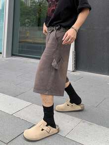 Manfinity EMRG 男士休闲宽松纽扣牛仔短裤 - 棕色 - 查看 4